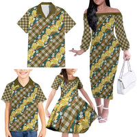 Polynesian Monstera Tiare Floral Family Matching Off The Shoulder Long Sleeve Dress and Hawaiian Shirt Yellow Tropical Plaid LT01 - Polynesian Pride
