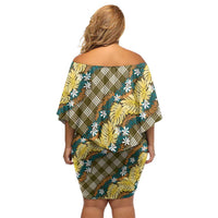 Polynesian Monstera Tiare Floral Family Matching Off Shoulder Short Dress and Hawaiian Shirt Yellow Tropical Plaid LT01 - Polynesian Pride