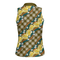 Polynesian Monstera Tiare Floral Women Sleeveless Polo Shirt Yellow Tropical Plaid LT01 - Polynesian Pride