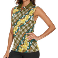 Polynesian Monstera Tiare Floral Women Sleeveless Polo Shirt Yellow Tropical Plaid LT01 - Polynesian Pride