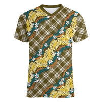 Polynesian Monstera Tiare Floral Women V-Neck T-Shirt Yellow Tropical Plaid LT01 Female Yellow - Polynesian Pride
