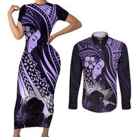 Polynesian Women Day 2024 Couples Matching Short Sleeve Bodycon Dress and Long Sleeve Button Shirt Hibiscus Girl Tribal LT01 Purple - Polynesian Pride