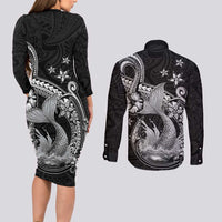 Hawaii Mermaid Monotone Couples Matching Long Sleeve Bodycon Dress and Long Sleeve Button Shirt Polynesian Pattern Fish Hook