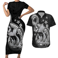 Hawaii Mermaid Monotone Couples Matching Short Sleeve Bodycon Dress and Hawaiian Shirt Polynesian Pattern Fish Hook
