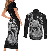 Hawaii Mermaid Monotone Couples Matching Short Sleeve Bodycon Dress and Long Sleeve Button Shirt Polynesian Pattern Fish Hook