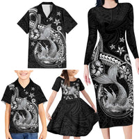 Hawaii Mermaid Monotone Family Matching Long Sleeve Bodycon Dress and Hawaiian Shirt Polynesian Pattern Fish Hook LT01 - Polynesian Pride