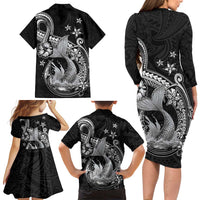 Hawaii Mermaid Monotone Family Matching Long Sleeve Bodycon Dress and Hawaiian Shirt Polynesian Pattern Fish Hook LT01 - Polynesian Pride