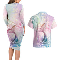 Hawaii Mermaid Sweet Pastel Couples Matching Long Sleeve Bodycon Dress and Hawaiian Shirt Polynesian Pattern Fish Hook
