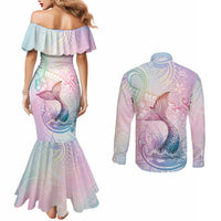 Hawaii Mermaid Sweet Pastel Couples Matching Mermaid Dress and Long Sleeve Button Shirt Polynesian Pattern Fish Hook
