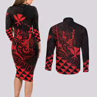 Personalized King Kamehameha Day Couples Matching Long Sleeve Bodycon Dress and Long Sleeve Button Shirt Kakau Polynesian Pattern