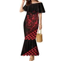 Personalized King Kamehameha Day Family Matching Mermaid Dress and Hawaiian Shirt Kakau Polynesian Pattern LT01 Mom's Dress Red - Polynesian Pride