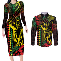 King Kamehameha Day Couples Matching Long Sleeve Bodycon Dress and Long Sleeve Button Shirt Hawaii Kakau Reggae