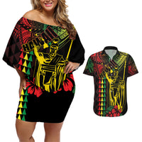King Kamehameha Day Couples Matching Off Shoulder Short Dress and Hawaiian Shirt Hawaii Kakau Reggae
