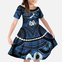 Personalized Maori Matariki Manaia Family Matching Long Sleeve Bodycon Dress and Hawaiian Shirt Maori Kowhaiwhai Pattern Galaxy LT01 Daughter's Dress Blue - Polynesian Pride