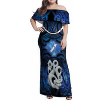 Personalized Maori Matariki Manaia Family Matching Off Shoulder Maxi Dress and Hawaiian Shirt Maori Kowhaiwhai Pattern Galaxy LT01 Mom's Dress Blue - Polynesian Pride