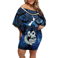 Personalized Maori Matariki Manaia Family Matching Off Shoulder Short Dress and Hawaiian Shirt Maori Kowhaiwhai Pattern Galaxy LT01 Mom's Dress Blue - Polynesian Pride