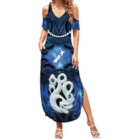 Personalized Maori Matariki Manaia Family Matching Summer Maxi Dress and Hawaiian Shirt Maori Kowhaiwhai Pattern Galaxy LT01 Mom's Dress Blue - Polynesian Pride