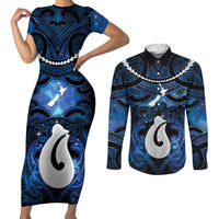 Personalized Maori Matariki Hei Matau Couples Matching Short Sleeve Bodycon Dress and Long Sleeve Button Shirt Maori Kowhaiwhai Pattern Galaxy LT01 Blue - Polynesian Pride
