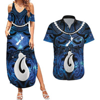 Personalized Maori Matariki Hei Matau Couples Matching Summer Maxi Dress and Hawaiian Shirt Maori Kowhaiwhai Pattern Galaxy LT01 Blue - Polynesian Pride
