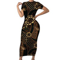 Indonesian Batik Pattern Vintage Brown Family Matching Short Sleeve Bodycon Dress and Hawaiian Shirt LT01 Mom's Dress Brown - Polynesian Pride