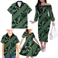 Indonesia Batik Pattern Family Matching Off The Shoulder Long Sleeve Dress and Hawaiian Shirt Green Version LT01 - Polynesian Pride