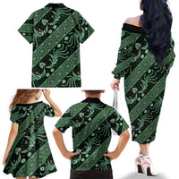 Indonesia Batik Pattern Family Matching Off The Shoulder Long Sleeve Dress and Hawaiian Shirt Green Version LT01 - Polynesian Pride