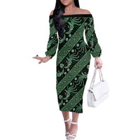 Indonesia Batik Pattern Family Matching Off The Shoulder Long Sleeve Dress and Hawaiian Shirt Green Version LT01 Mom's Dress Green - Polynesian Pride