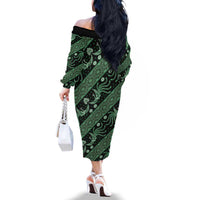 Indonesia Batik Pattern Family Matching Off The Shoulder Long Sleeve Dress and Hawaiian Shirt Green Version LT01 - Polynesian Pride