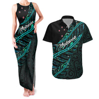 Personalised Aotearoa Couples Matching Tank Maxi Dress and Hawaiian Shirt Silver Fern Mix Paua Shell Polynesian Pattern LT01 Black - Polynesian Pride