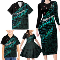 Personalised Aotearoa Family Matching Long Sleeve Bodycon Dress and Hawaiian Shirt Silver Fern Mix Paua Shell Polynesian Pattern LT01 - Polynesian Pride