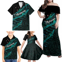 Personalised Aotearoa Family Matching Off Shoulder Maxi Dress and Hawaiian Shirt Silver Fern Mix Paua Shell Polynesian Pattern LT01 - Polynesian Pride