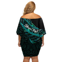 Personalised Aotearoa Family Matching Off Shoulder Short Dress and Hawaiian Shirt Silver Fern Mix Paua Shell Polynesian Pattern LT01 - Polynesian Pride