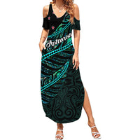 Personalised Aotearoa Family Matching Summer Maxi Dress and Hawaiian Shirt Silver Fern Mix Paua Shell Polynesian Pattern LT01 Mom's Dress Black - Polynesian Pride