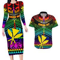 Personalised Hawaii Couples Matching Long Sleeve Bodycon Dress and Hawaiian Shirt Kanaka Maoli Kakau 2023 National Coming Out Day LT01 Black - Polynesian Pride