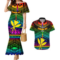 Personalised Hawaii Couples Matching Mermaid Dress and Hawaiian Shirt Kanaka Maoli Kakau 2023 National Coming Out Day LT01 Black - Polynesian Pride