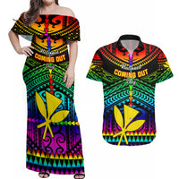 Personalised Hawaii Couples Matching Off Shoulder Maxi Dress and Hawaiian Shirt Kanaka Maoli Kakau 2023 National Coming Out Day LT01 Black - Polynesian Pride