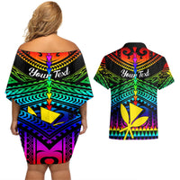 Personalised Hawaii Couples Matching Off Shoulder Short Dress and Hawaiian Shirt Kanaka Maoli Kakau 2023 National Coming Out Day LT01 - Polynesian Pride