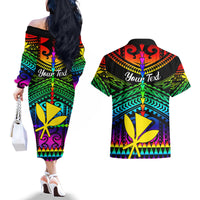 Personalised Hawaii Couples Matching Off The Shoulder Long Sleeve Dress and Hawaiian Shirt Kanaka Maoli Kakau 2023 National Coming Out Day LT01 - Polynesian Pride