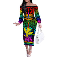 Personalised Hawaii Family Matching Off Shoulder Long Sleeve Dress and Hawaiian Shirt Kanaka Maoli Kakau 2023 National Coming Out Day LT01 Mom's Dress Black - Polynesian Pride