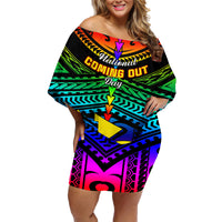 Personalised Hawaii Family Matching Off Shoulder Short Dress and Hawaiian Shirt Kanaka Maoli Kakau 2023 National Coming Out Day LT01 Mom's Dress Black - Polynesian Pride