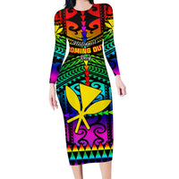 Personalised Hawaii Long Sleeve Bodycon Dress Kanaka Maoli Kakau 2023 National Coming Out Day LT01 Long Dress Black - Polynesian Pride