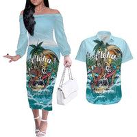 Personalized Aloha Hawaii Skeleton Couples Matching Off The Shoulder Long Sleeve Dress and Hawaiian Shirt Tropical Summer Vibe LT01 Blue - Polynesian Pride