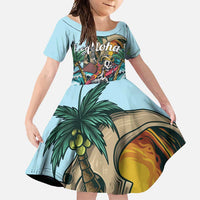 Personalized Aloha Hawaii Skeleton Family Matching Short Sleeve Bodycon Dress and Hawaiian Shirt Tropical Summer Vibe LT01 Daughter's Dress Blue - Polynesian Pride
