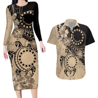 Cook Islands Turtle Couples Matching Long Sleeve Bodycon Dress and Hawaiian Shirt Stars and Hibiscus - Beige LT01 Beige - Polynesian Pride