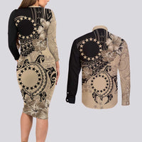 Cook Islands Turtle Couples Matching Long Sleeve Bodycon Dress and Long Sleeve Button Shirt Stars and Hibiscus - Beige LT01 - Polynesian Pride