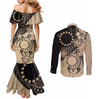Cook Islands Turtle Couples Matching Mermaid Dress and Long Sleeve Button Shirt Stars and Hibiscus - Beige LT01 - Polynesian Pride