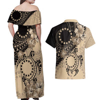 Cook Islands Turtle Couples Matching Off Shoulder Maxi Dress and Hawaiian Shirt Stars and Hibiscus - Beige LT01 - Polynesian Pride