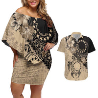 Cook Islands Turtle Couples Matching Off Shoulder Short Dress and Hawaiian Shirt Stars and Hibiscus - Beige LT01 Beige - Polynesian Pride