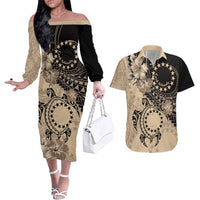 Cook Islands Turtle Couples Matching Off The Shoulder Long Sleeve Dress and Hawaiian Shirt Stars and Hibiscus - Beige LT01 Beige - Polynesian Pride