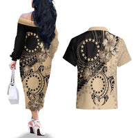 Cook Islands Turtle Couples Matching Off The Shoulder Long Sleeve Dress and Hawaiian Shirt Stars and Hibiscus - Beige LT01 - Polynesian Pride
